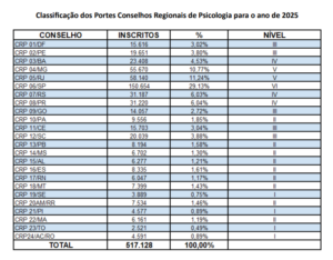 Tabela com o porte de cada conselho regional